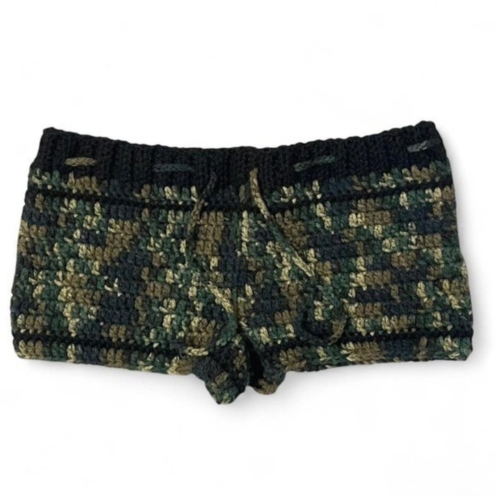 crochet camo mini shorts with drawstring waist